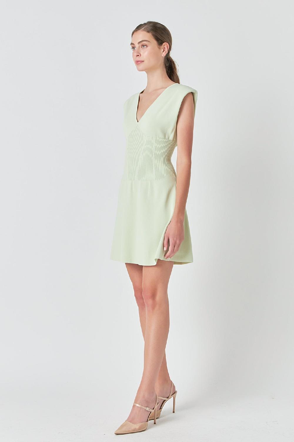 Endless Rose Padded Shoulder Corset Detail Knit Mini Dress SAGE
