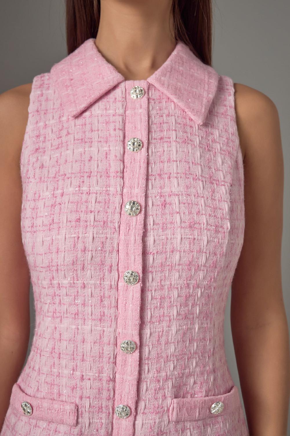 Endless Rose Paige Tweed Collared Sleeveless Mini Dress PINK