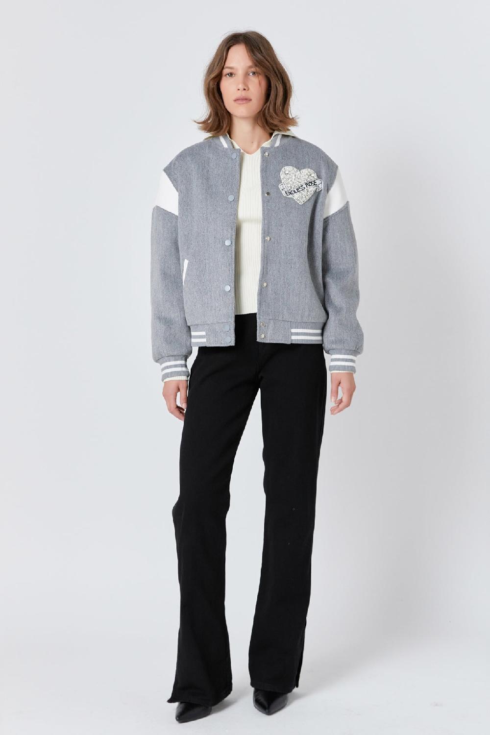 endless rose Patch Detail Bomber Jacket HEATHER GREY