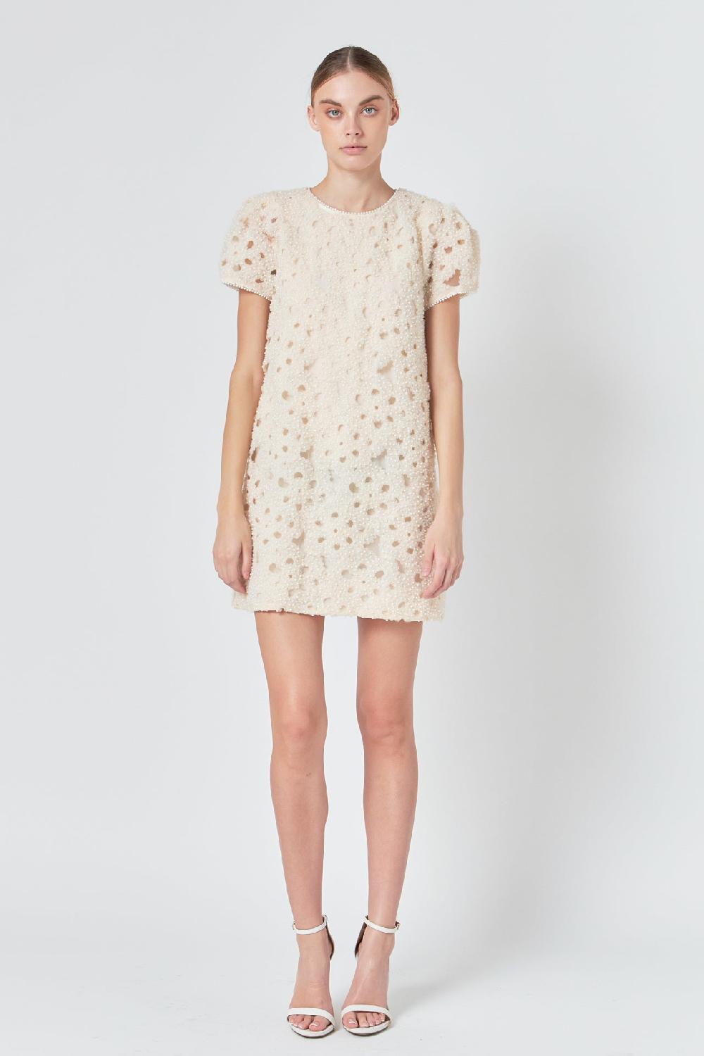 endless rose Pearl and Tulle Textured Mini Dress CHAMPAGNE