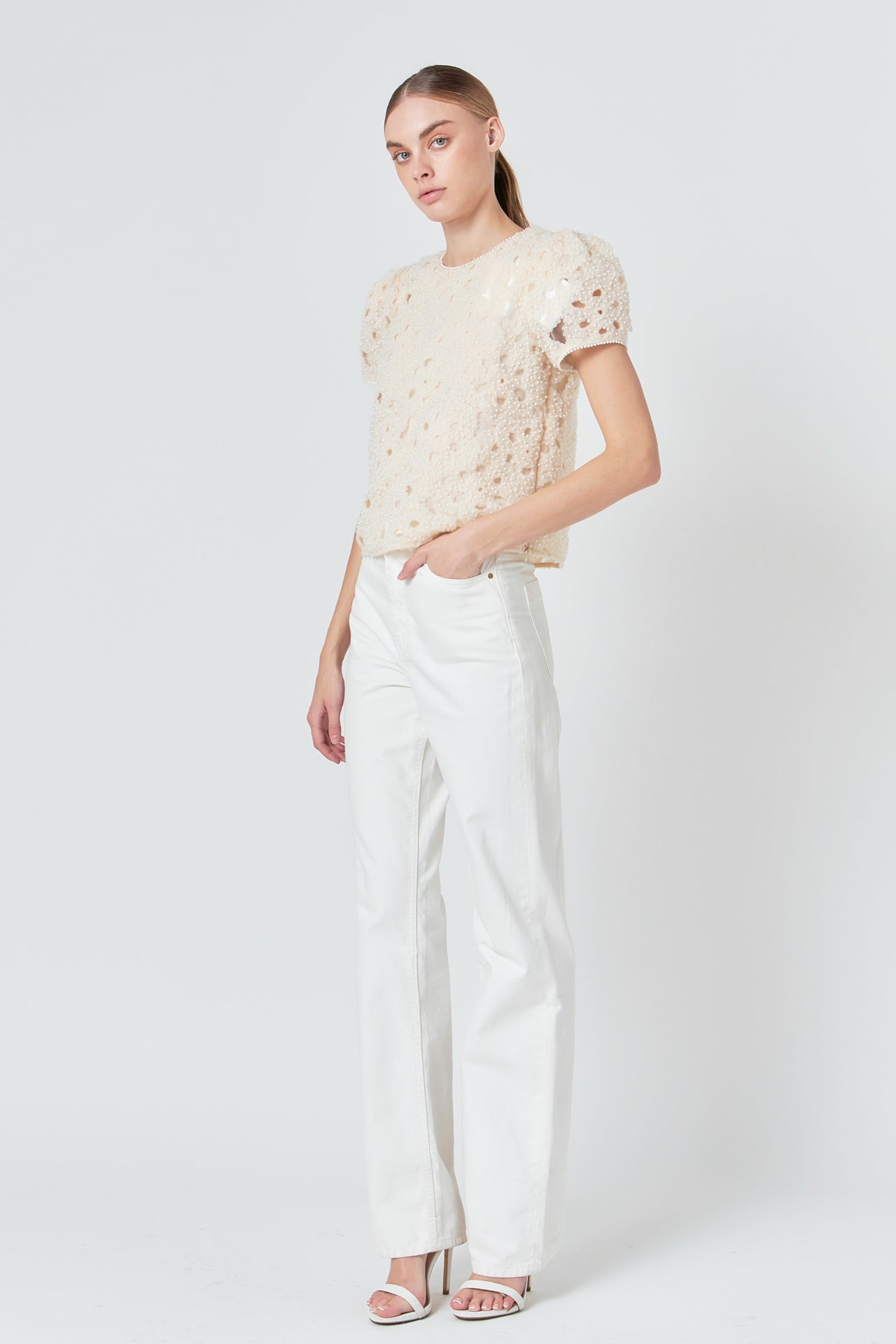 Endless Rose Pearl And Tulle Textured Top CHAMPAGNE