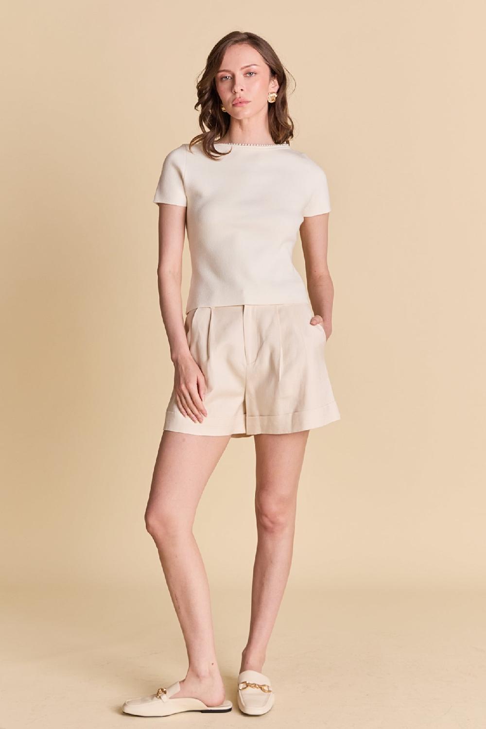 Endless Rose Pearl Trim Knit Short Sleeve Top CREAM