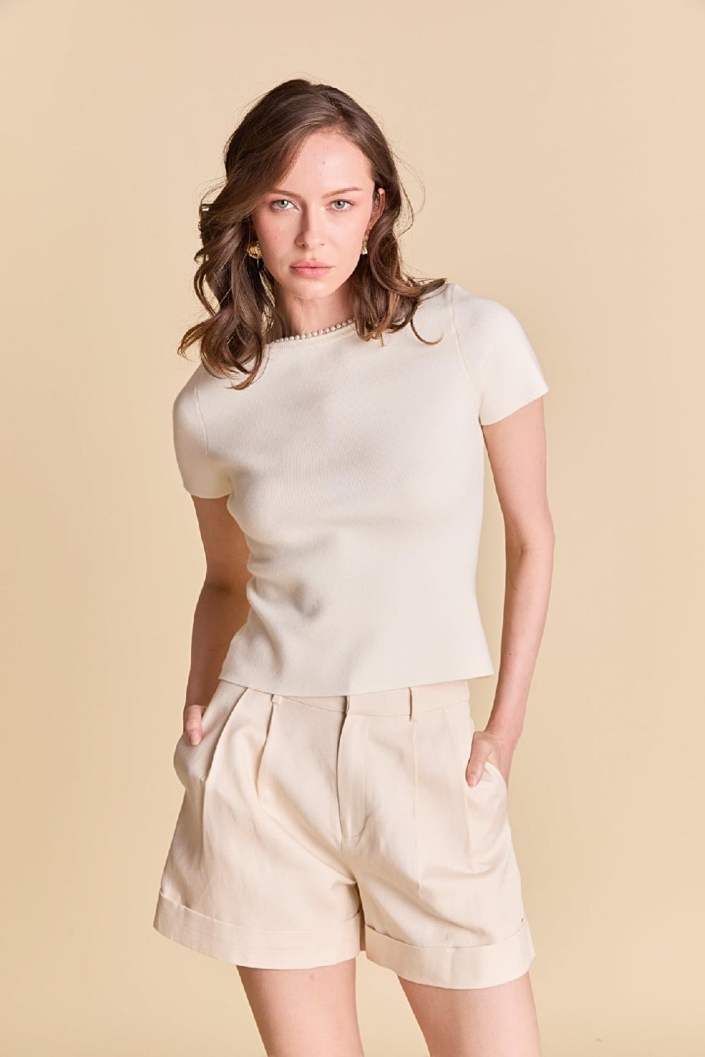 endless rose Pearl Trim Knit Short Sleeve Top CREAM