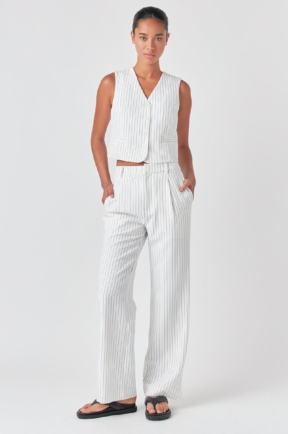 Endless Rose Pinstrpied Vest With Welted Pocket WHITE BLACK STRIPE