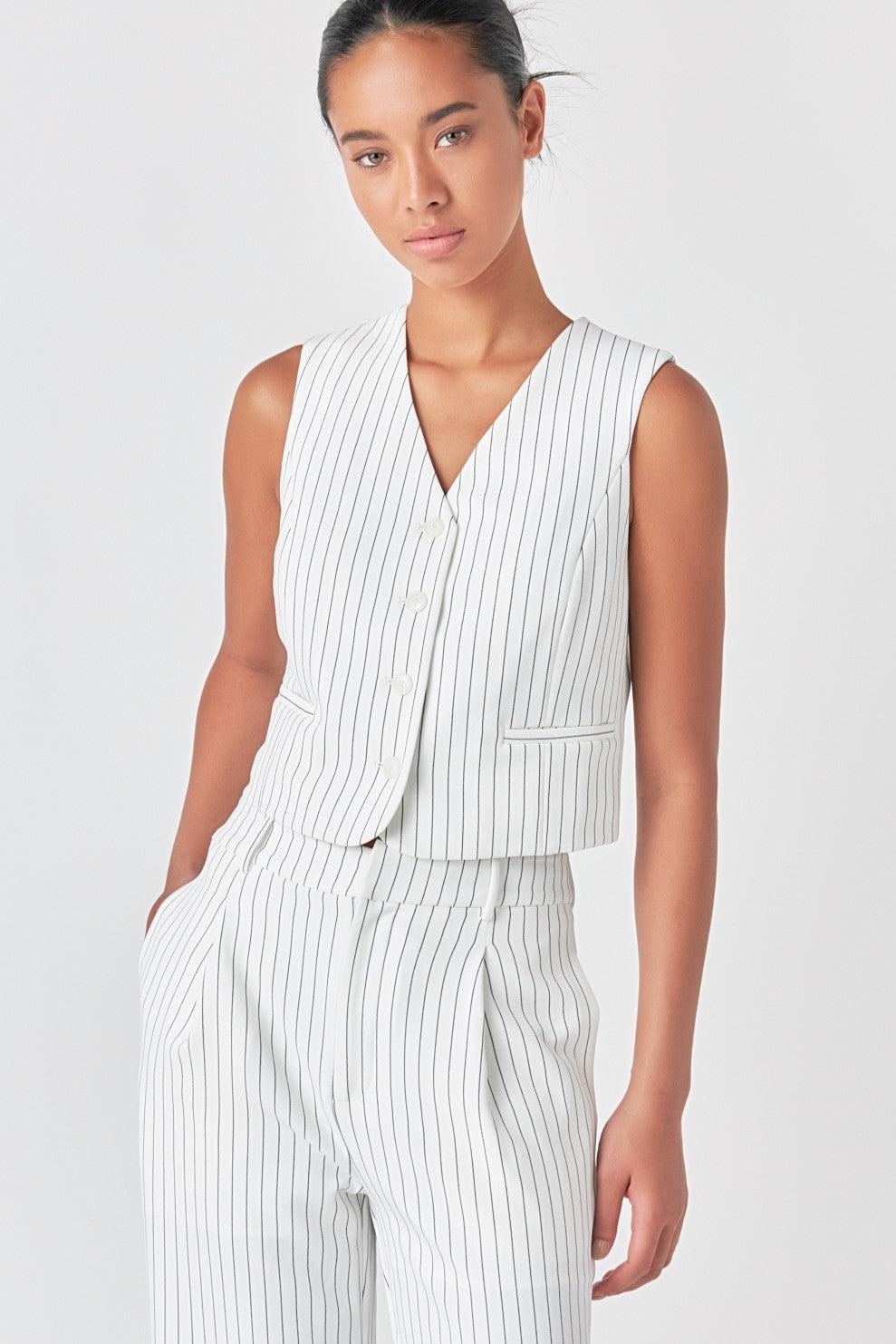 Endless Rose Pinstrpied Vest With Welted Pocket WHITE BLACK STRIPE