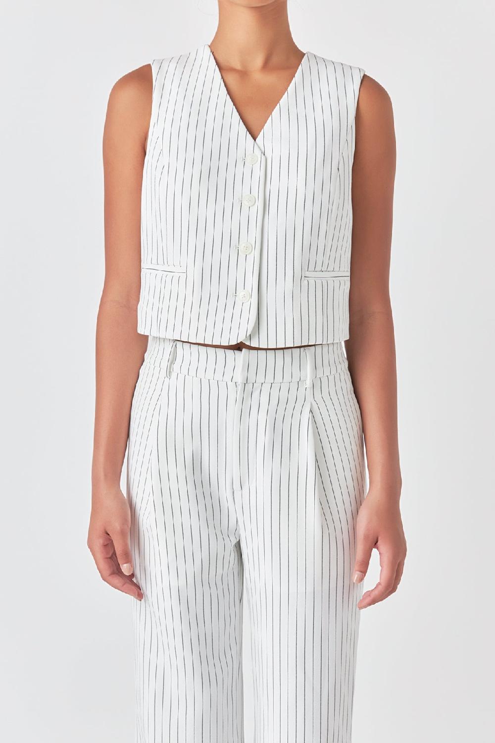 Endless Rose Pinstrpied Vest With Welted Pocket WHITE BLACK STRIPE