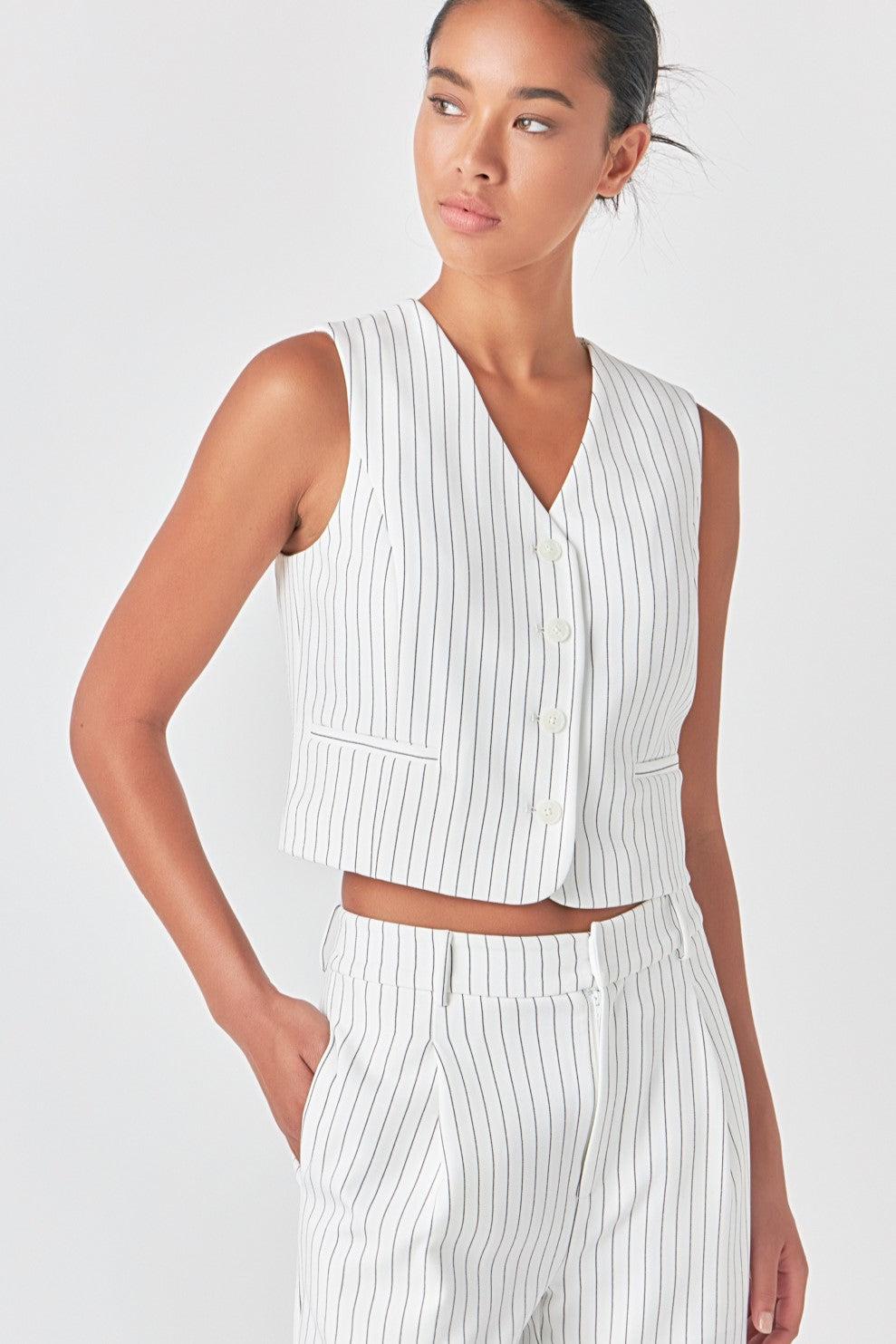 Endless Rose Pinstrpied Vest With Welted Pocket WHITE BLACK STRIPE