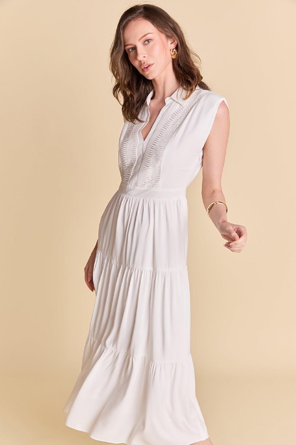 Endless Rose Pintuck Details Sleeveless Midi Dress WHITE