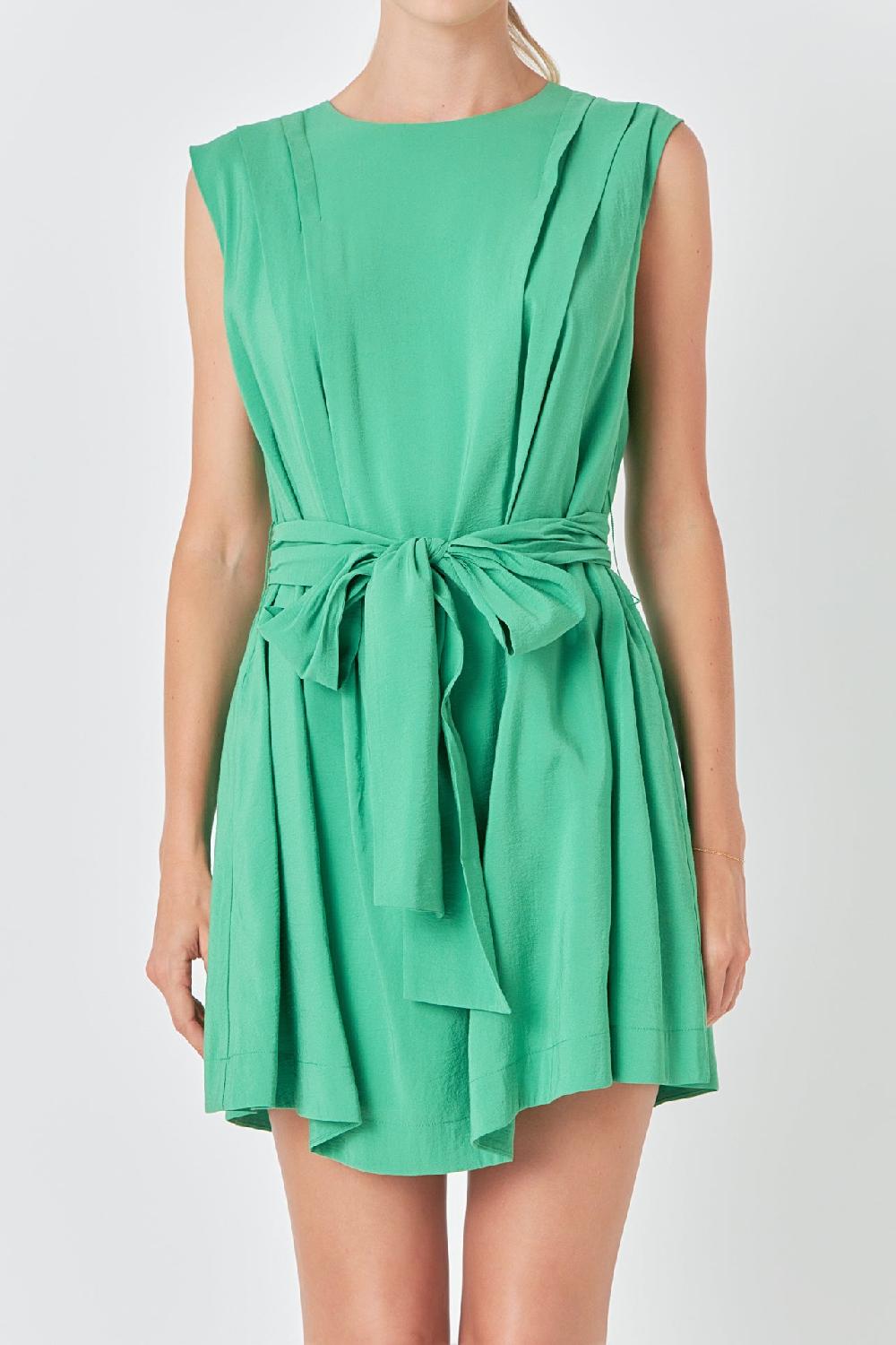 Endless Rose Pintuck Shoulder Belted Mini Dress KELLY GREEN