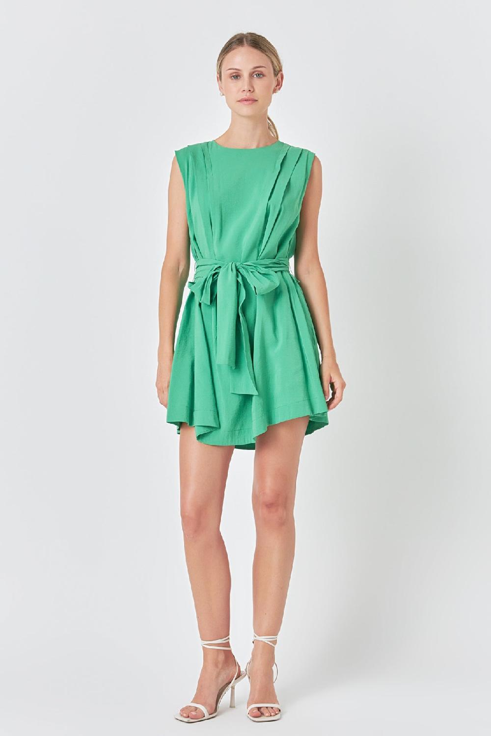 endless rose Pintuck Shoulder Belted Mini Dress KELLY GREEN
