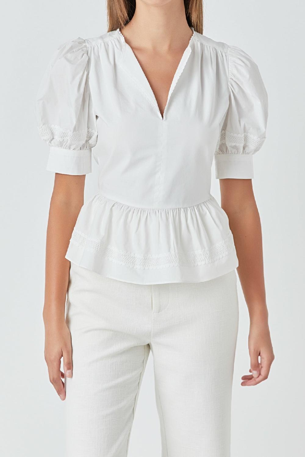 Endless Rose Placket Lace Trim Baby Doll Top OFF WHITE