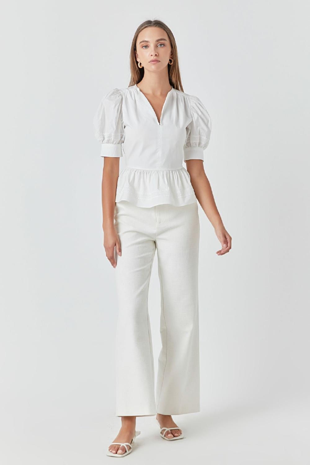 endless rose Placket Lace Trim Baby Doll Top OFF WHITE