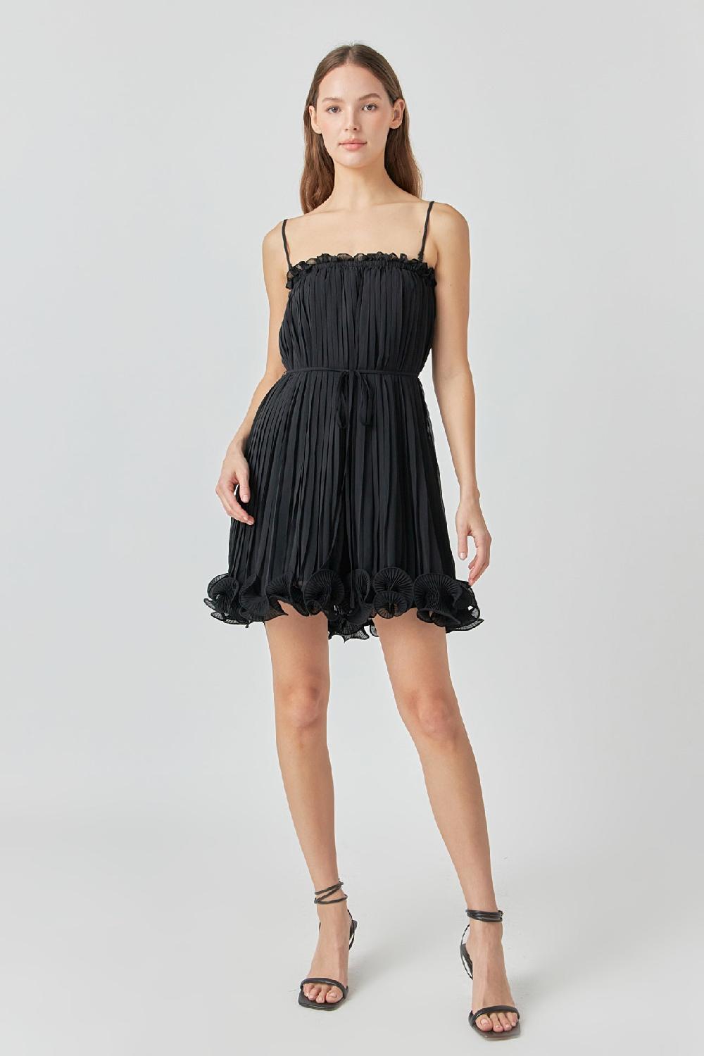 endless rose Pleated Chiffon Ruffle Mini Dress BLACK