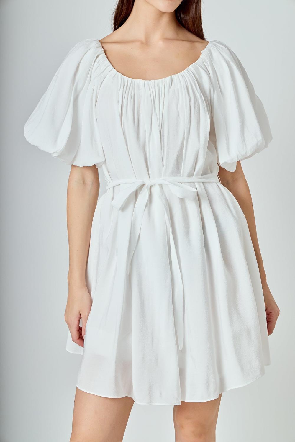 Endless Rose Pleated Detail Puff Sleeve Mini Dress WHITE