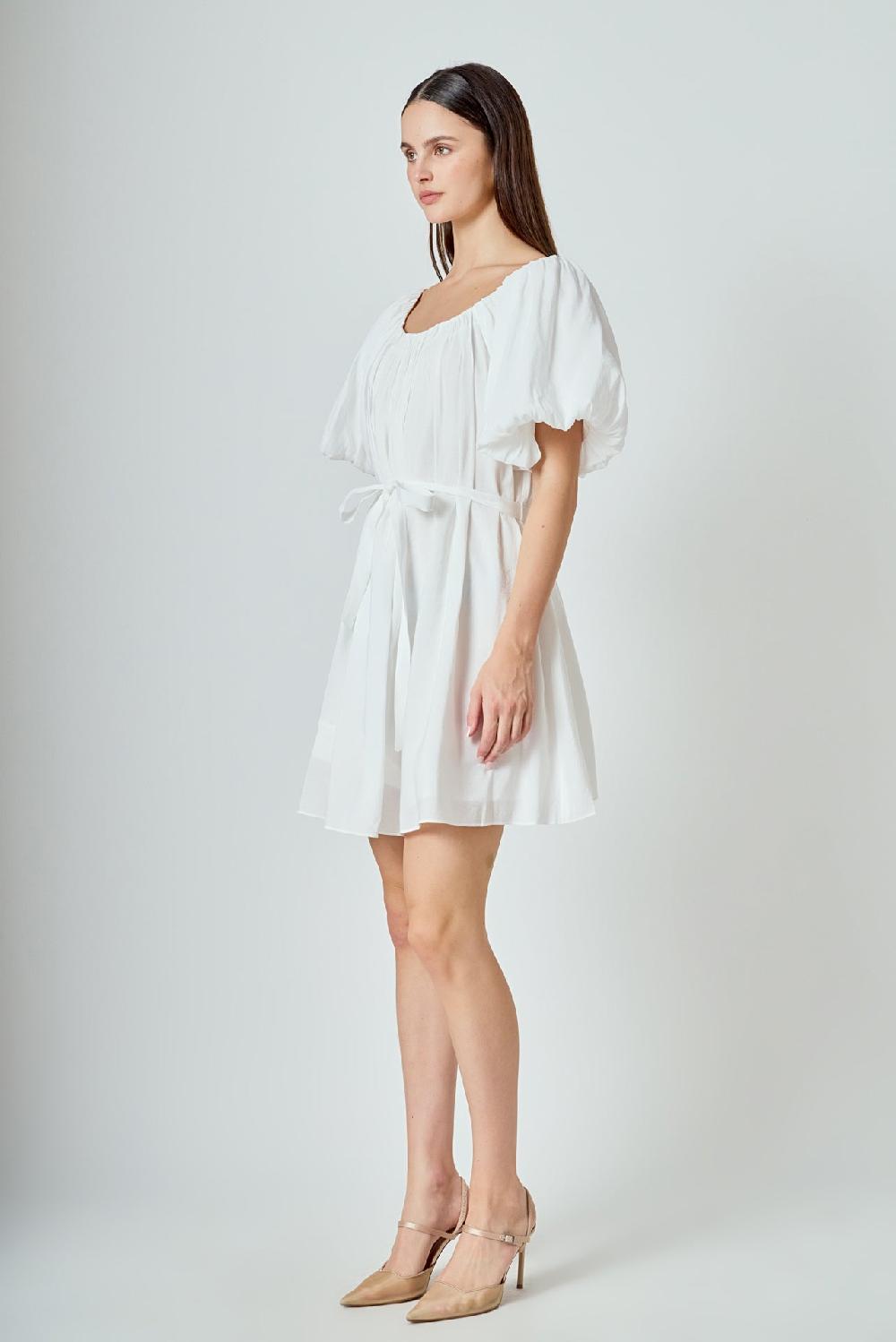 Endless Rose Pleated Detail Puff Sleeve Mini Dress WHITE