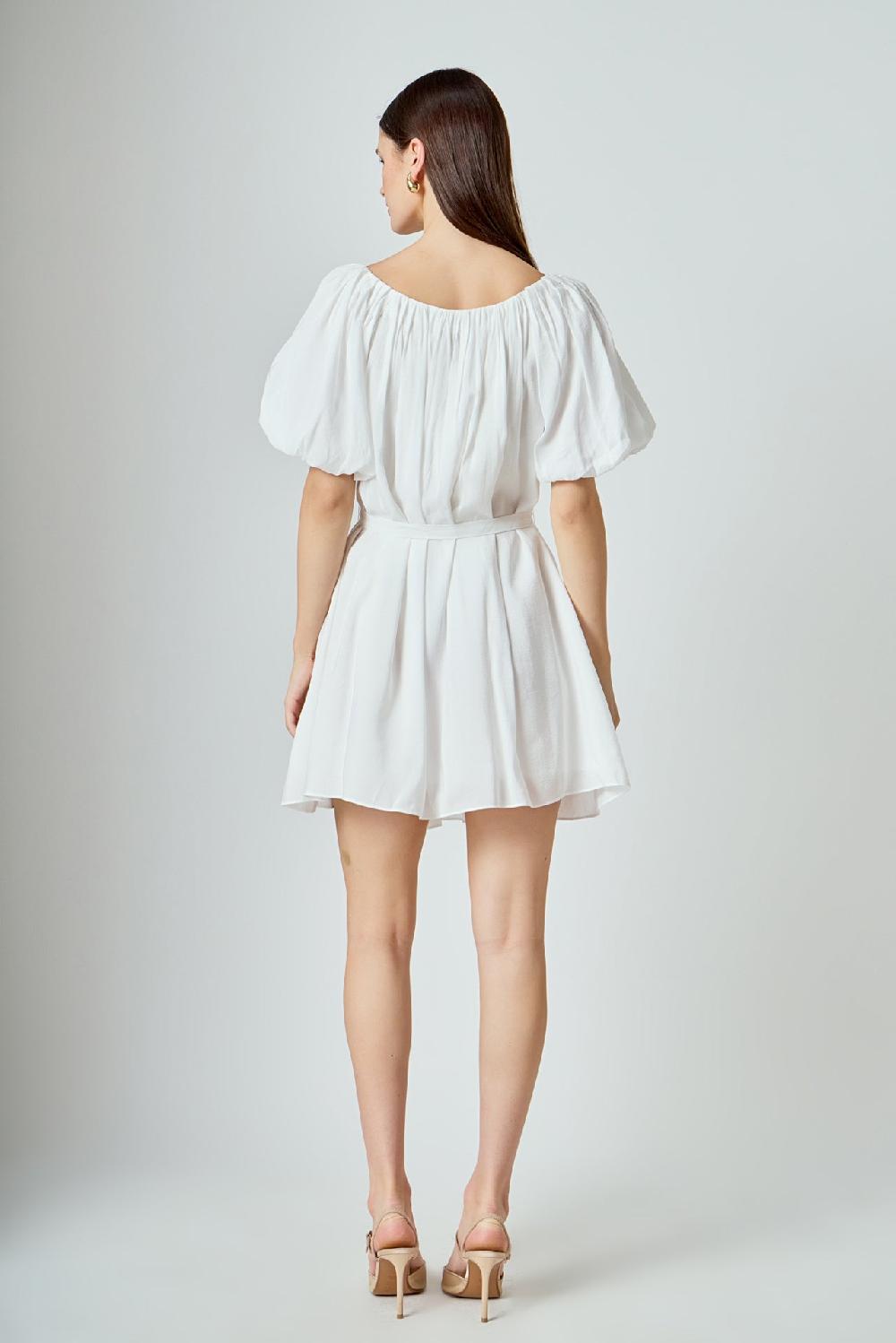 Endless Rose Pleated Detail Puff Sleeve Mini Dress WHITE