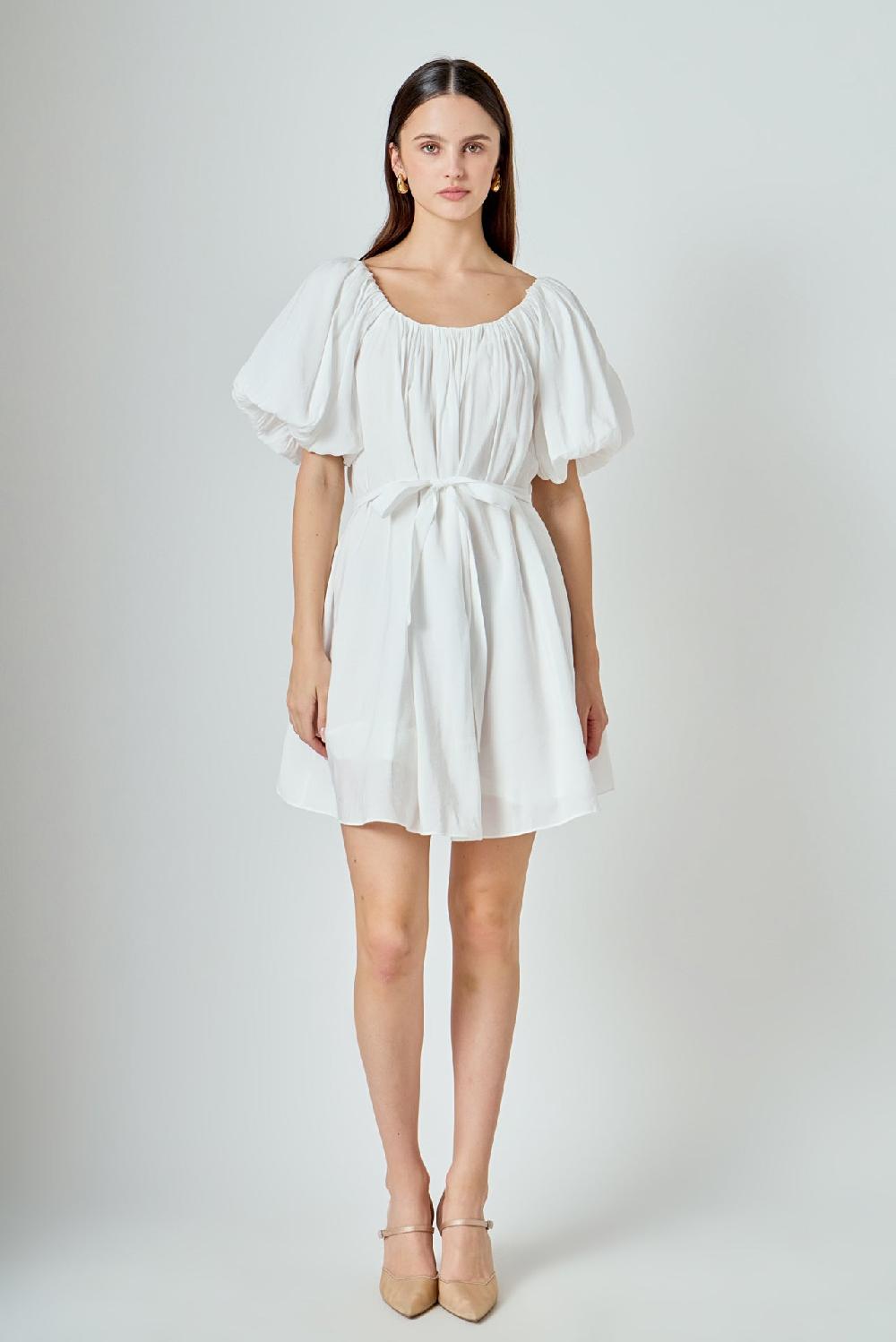 endless rose Pleated Detail Puff Sleeve Mini Dress WHITE