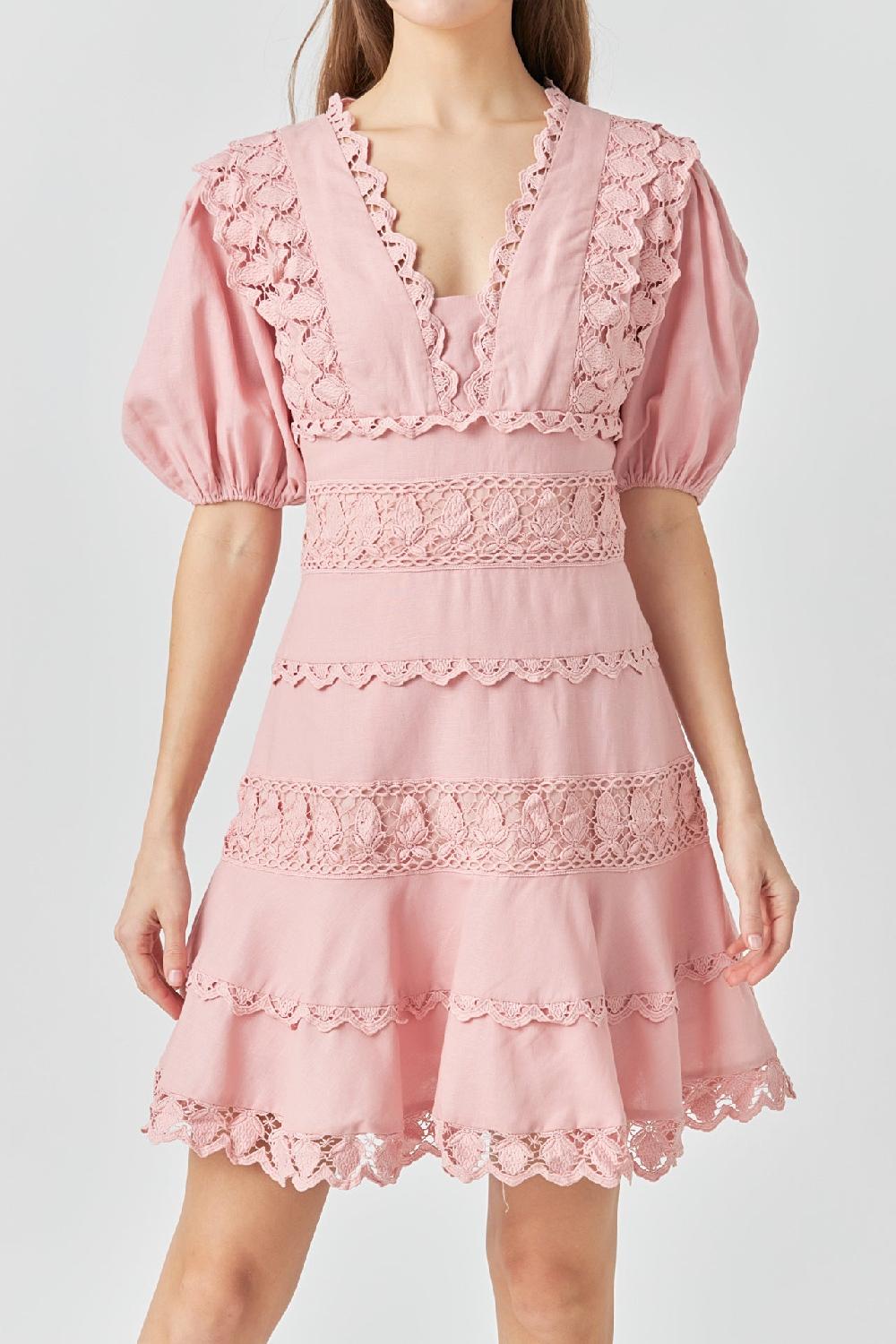 Endless Rose Plunging Lace Trim Dress With Puff Sleeve DUSTY PINK