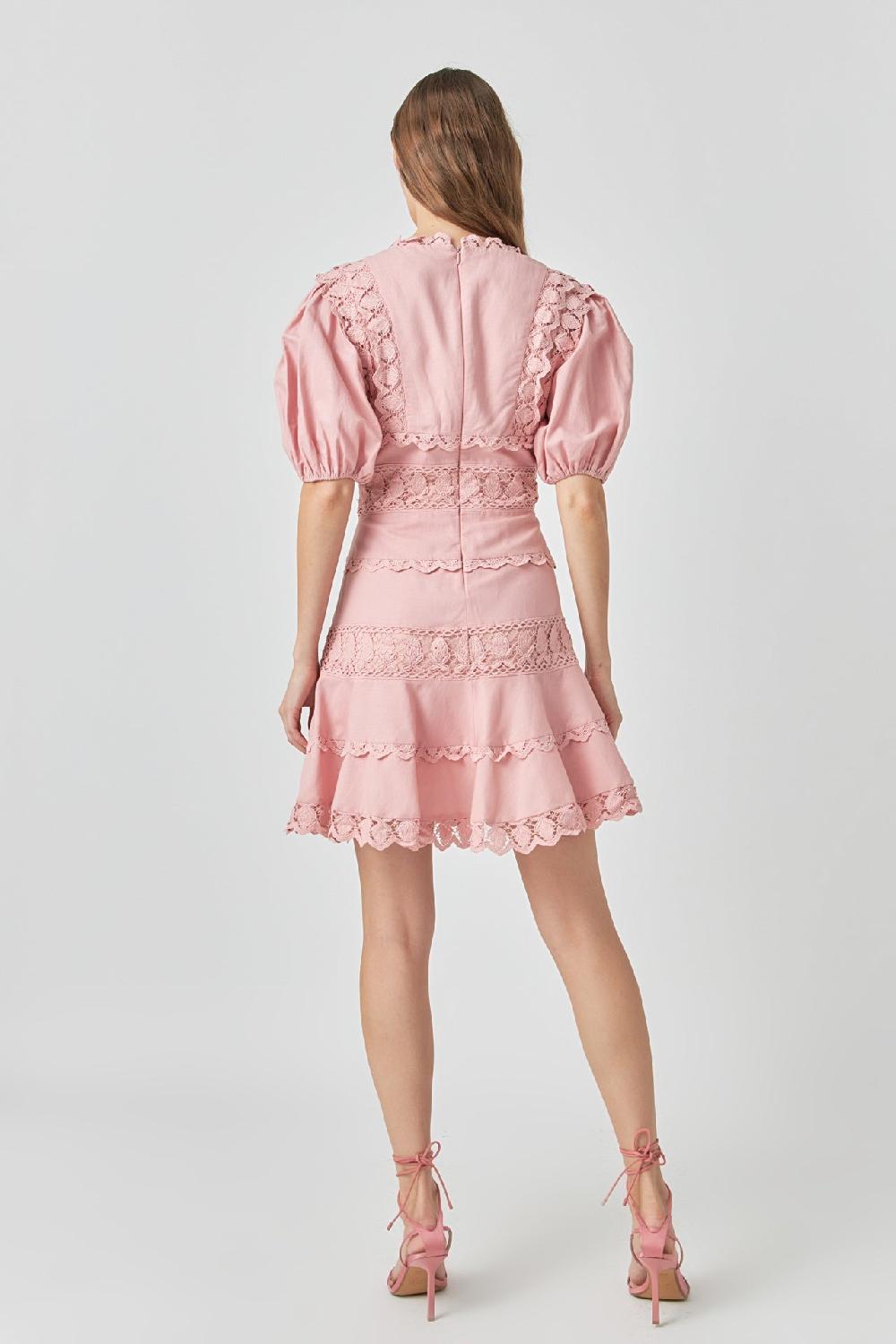 Endless Rose Plunging Lace Trim Dress With Puff Sleeve DUSTY PINK