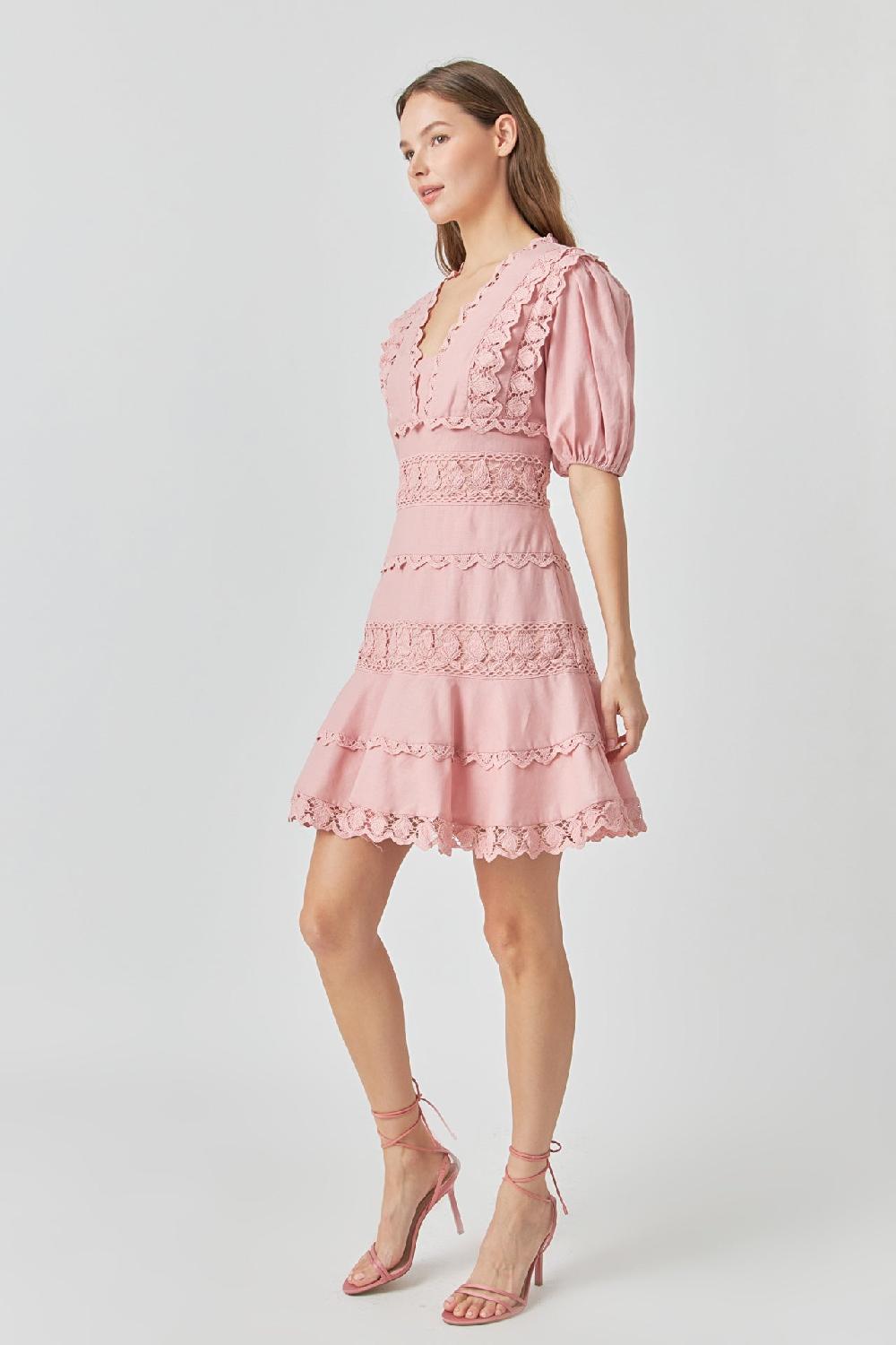Endless Rose Plunging Lace Trim Dress With Puff Sleeve DUSTY PINK