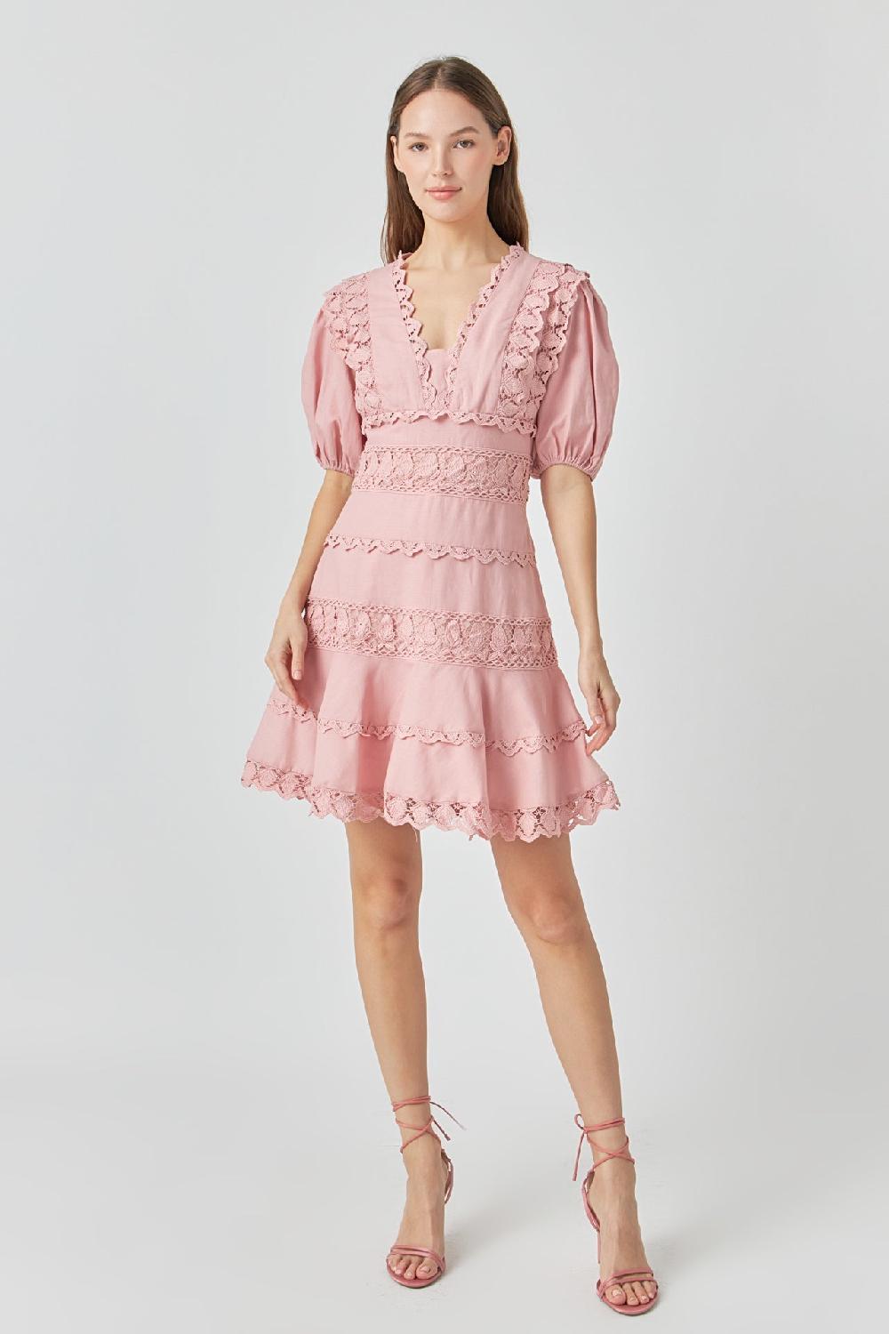 endless rose Plunging Lace Trim Dress with Puff Sleeve DUSTY PINK
