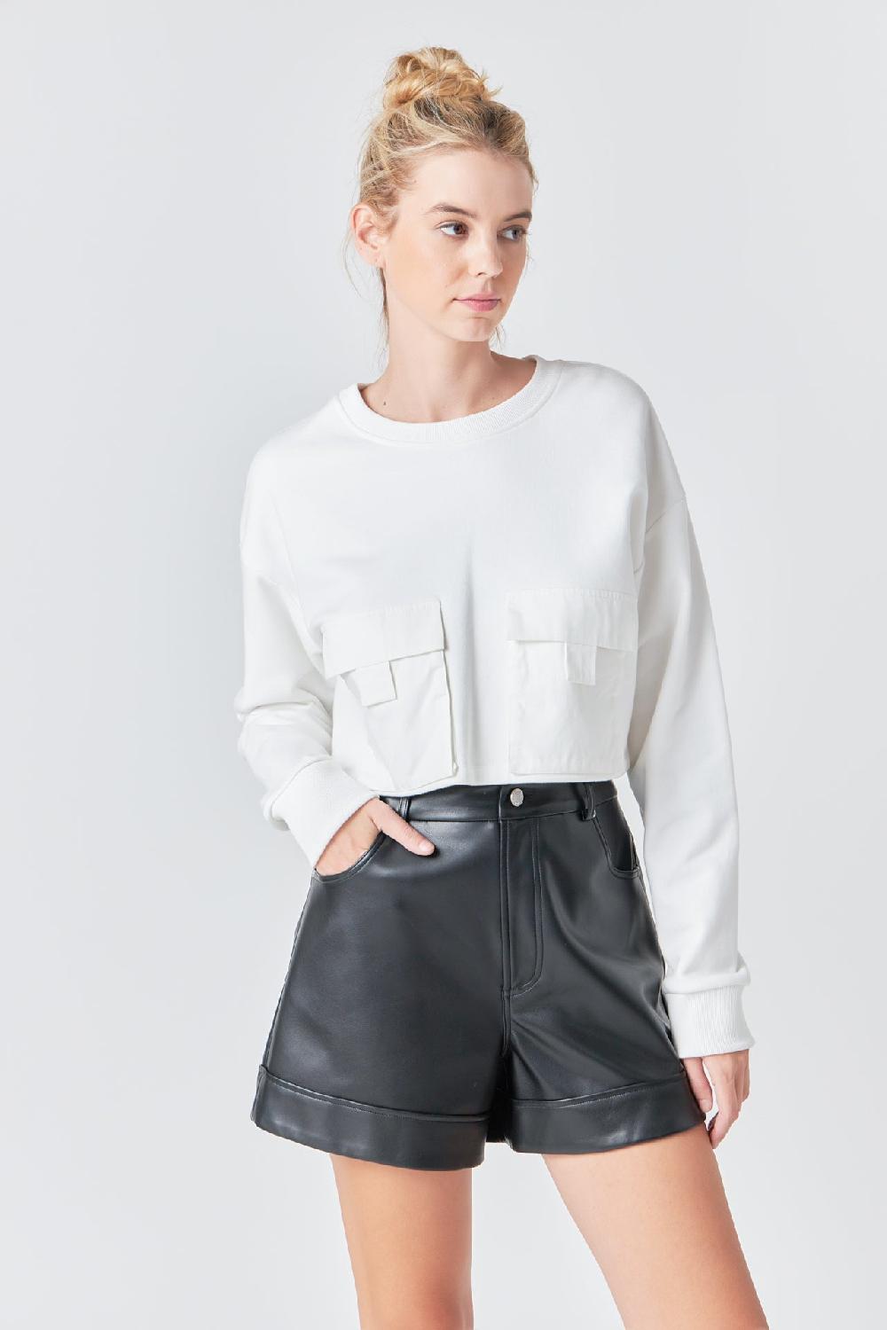 endless rose Pockets Detail Cropped Sweatshirt WHITE