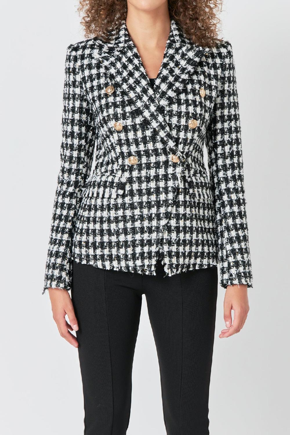 Endless Rose Premium Checked Tweed Blazer BLACK/WHITE