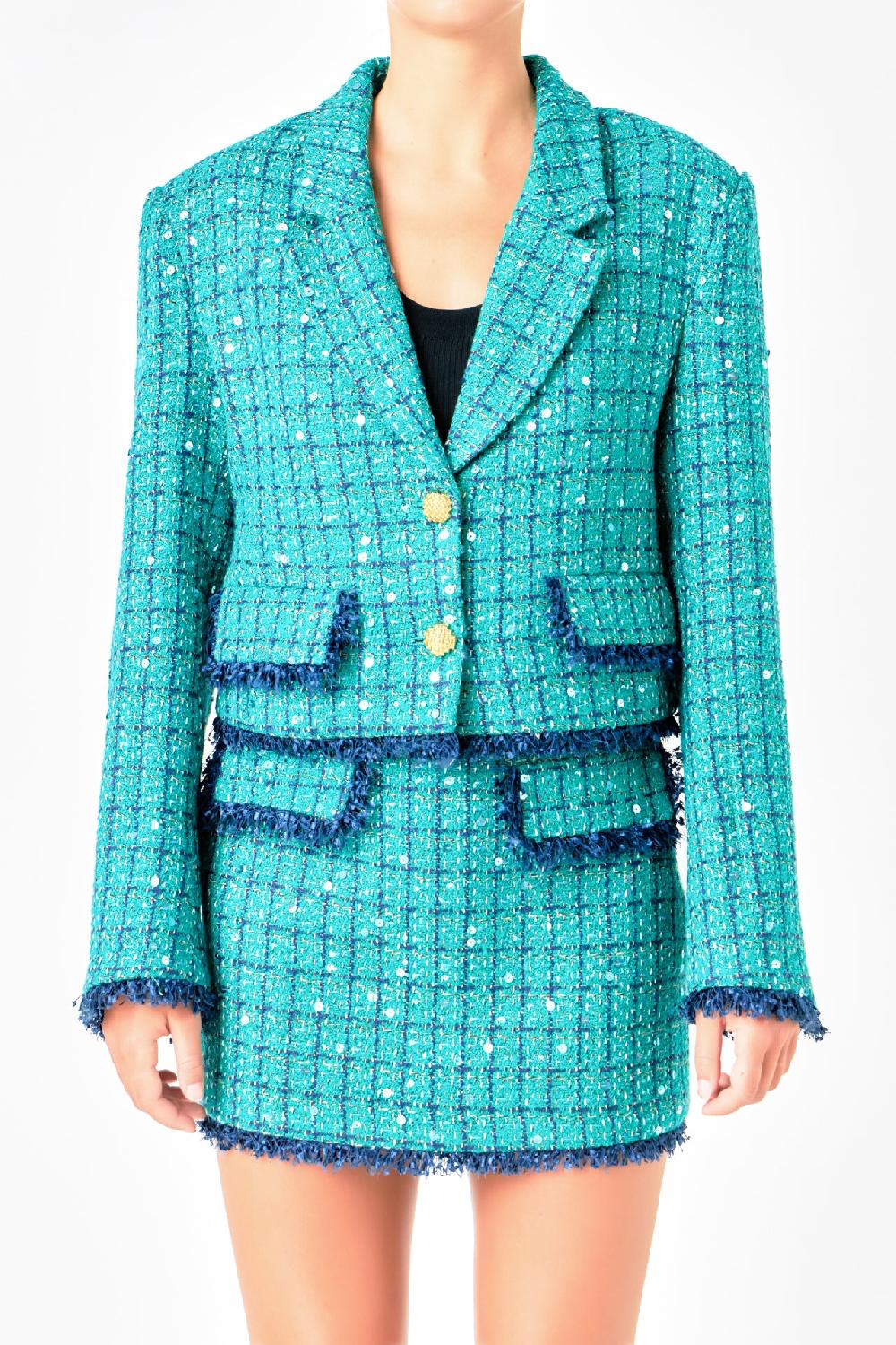 Endless Rose Premium Cropped Sequin Tweed Jacket GREEN/NAVY