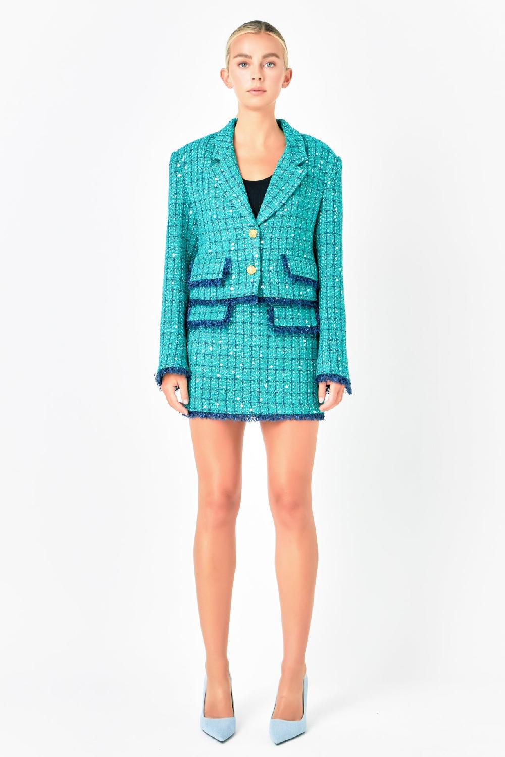 Endless Rose Premium Cropped Sequin Tweed Jacket GREEN/NAVY