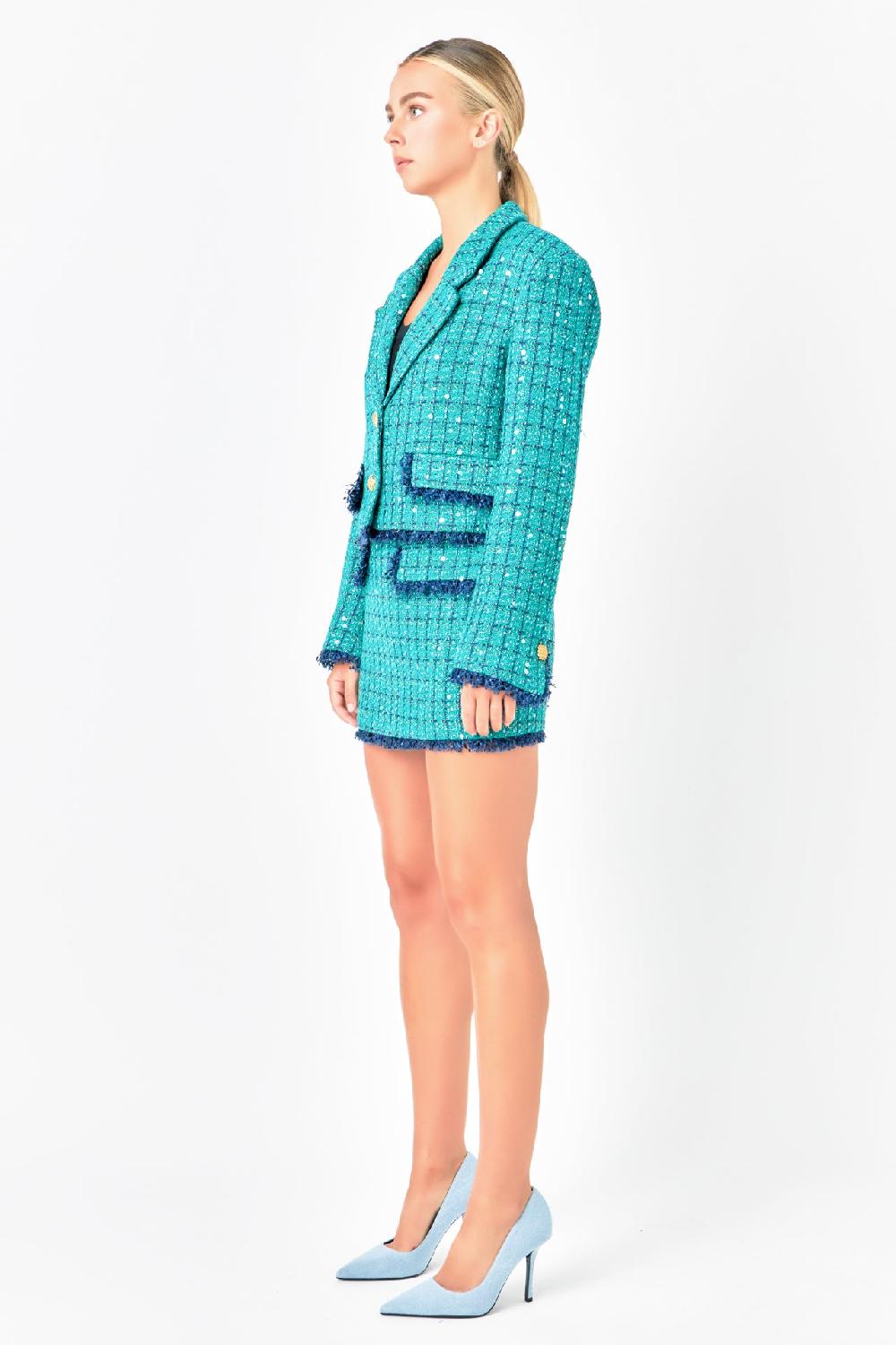 Endless Rose Premium Cropped Sequin Tweed Jacket GREEN/NAVY