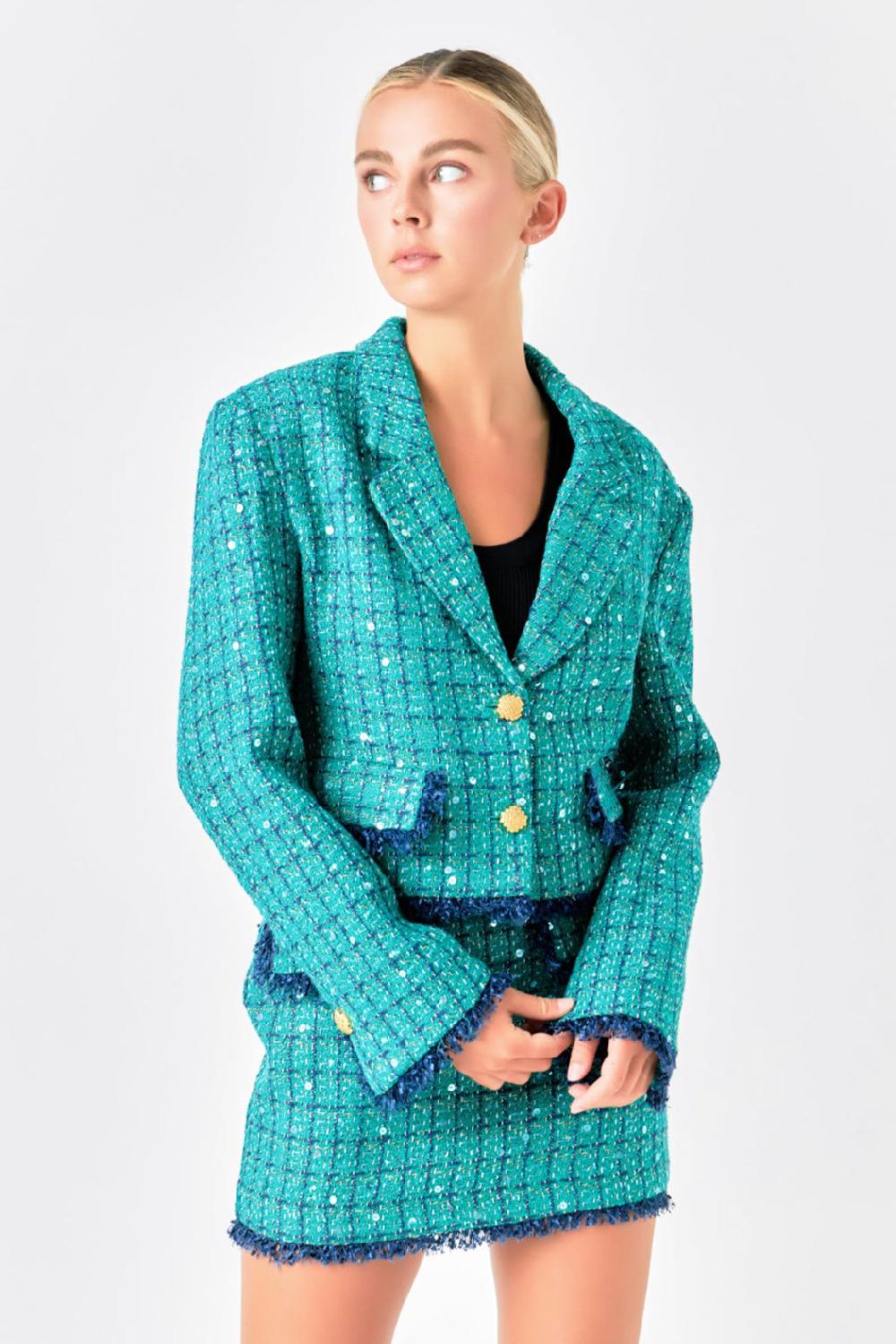 endless rose Premium Cropped Sequin Tweed Jacket GREEN/NAVY