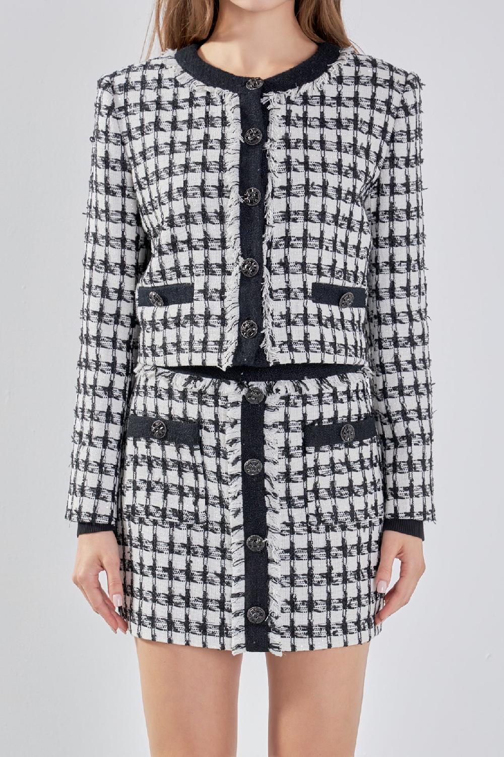 Endless Rose Premium Cropped Tweed Jacket With Fringe BLACK/WHITE