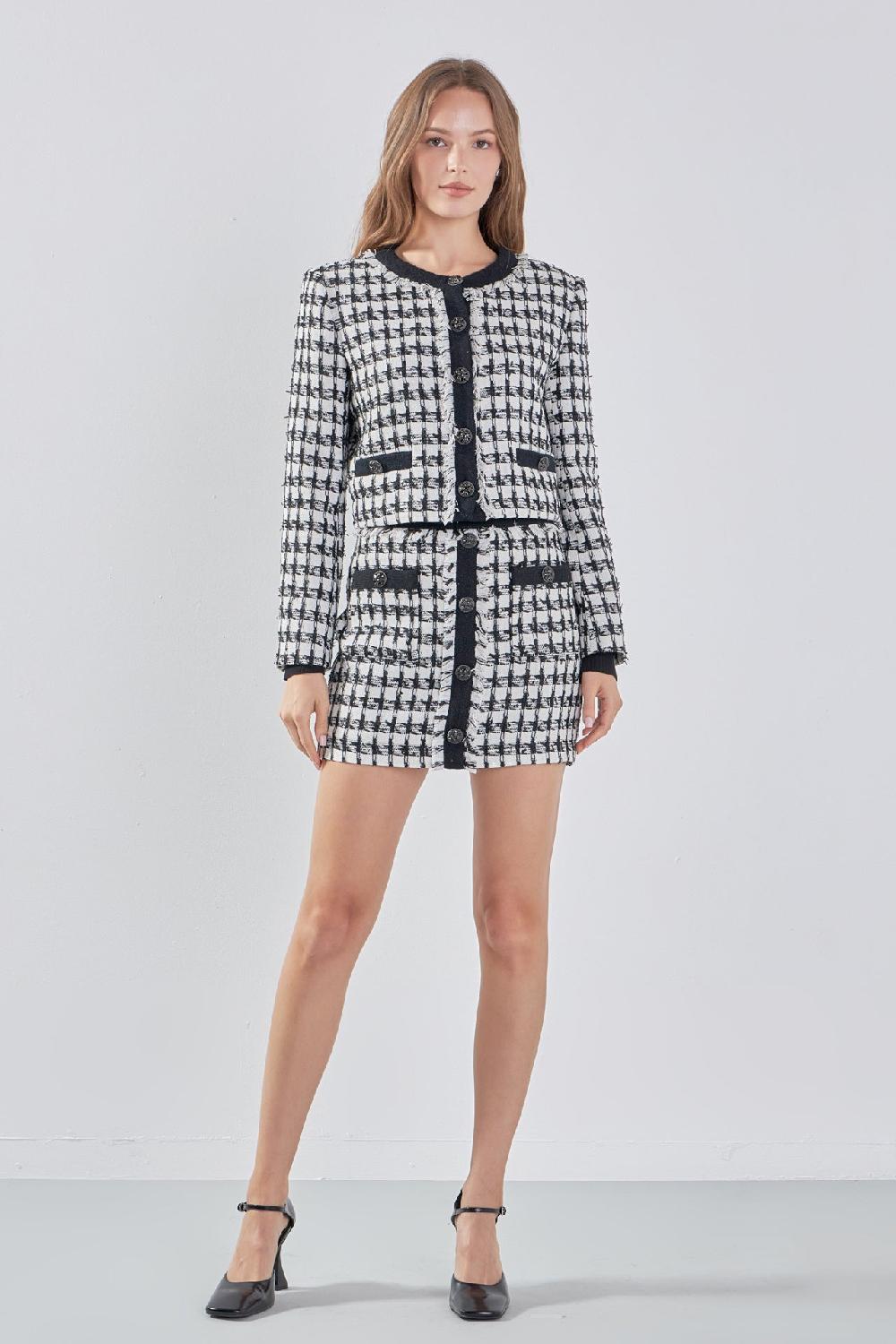 endless rose Premium Cropped Tweed Jacket With Fringe BLACK/WHITE
