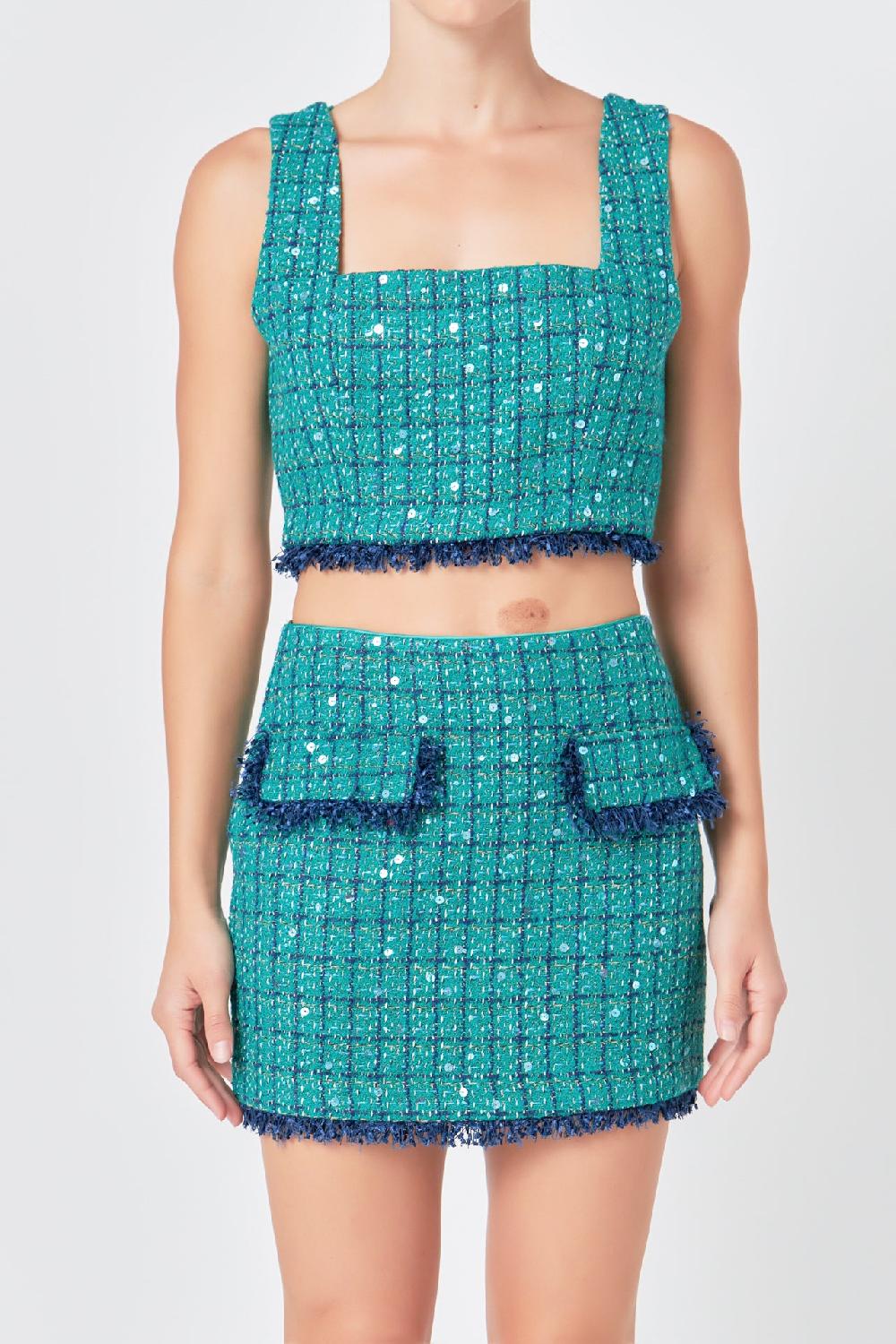 Endless Rose Premium Cropped Tweed Tank Top GREEN/NAVY