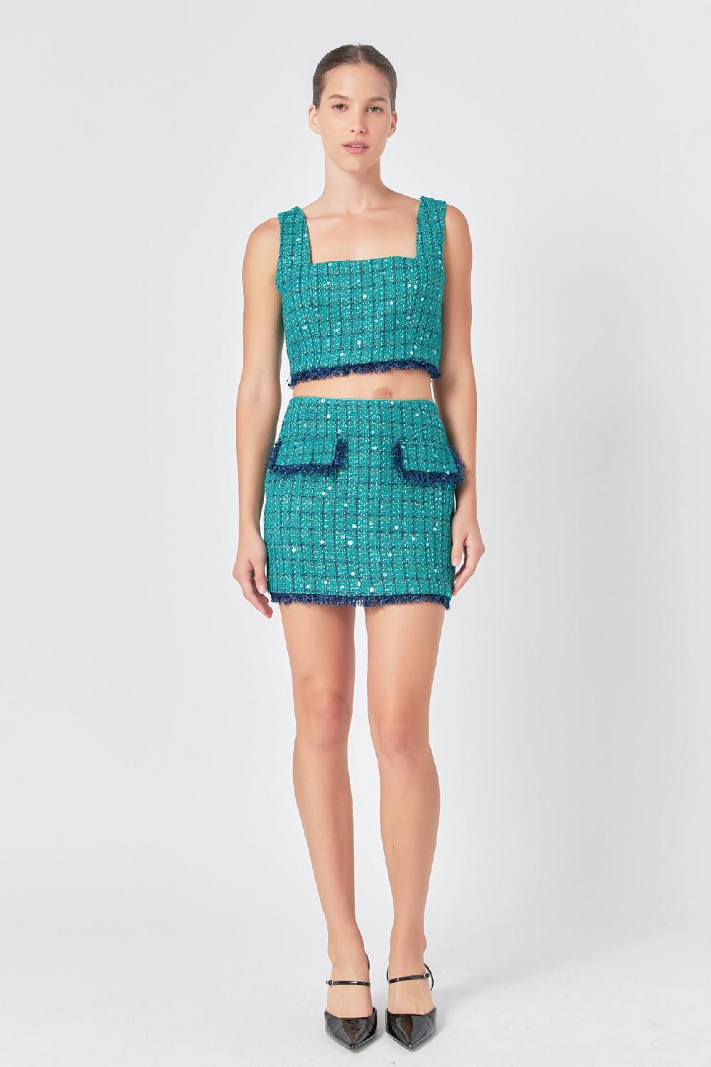 Endless Rose Premium Cropped Tweed Tank Top GREEN/NAVY