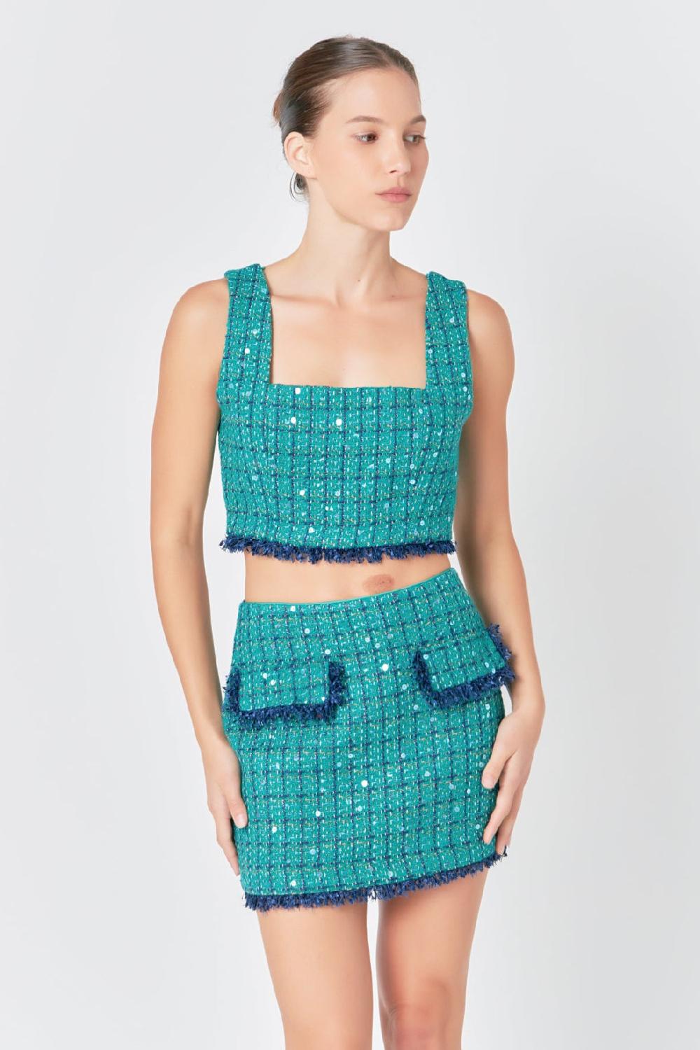 endless rose Premium Cropped Tweed Tank Top GREEN/NAVY