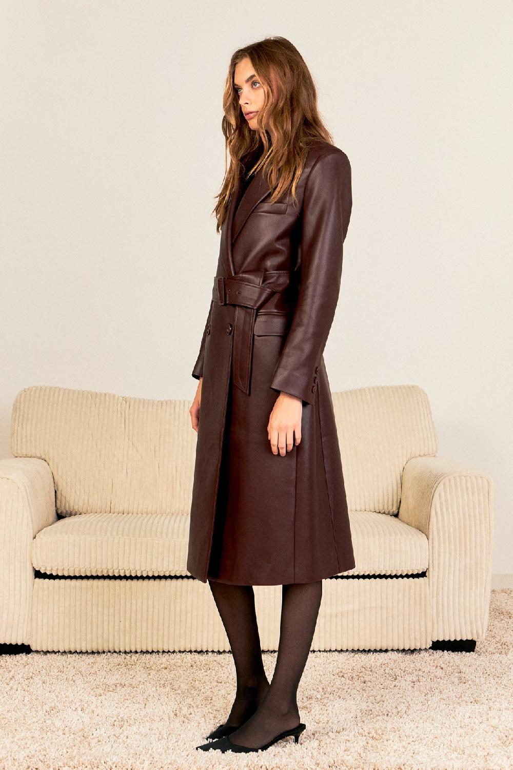 Endless Rose Premium Faux Leather Trench Coat BURGUNDY