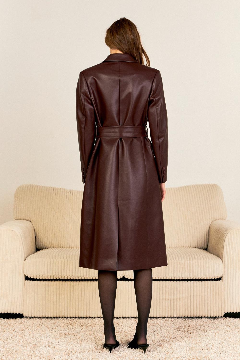 Endless Rose Premium Faux Leather Trench Coat BURGUNDY