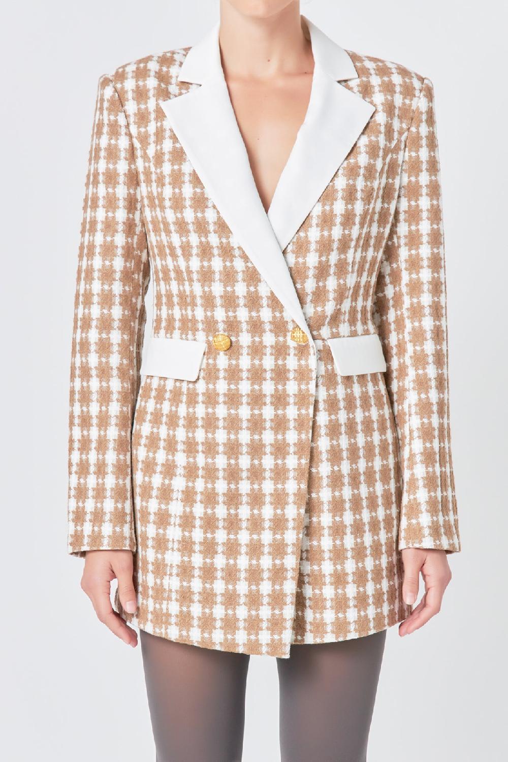 Endless Rose Premium Houndstooth Blazer Romper BEIGE/GOLD