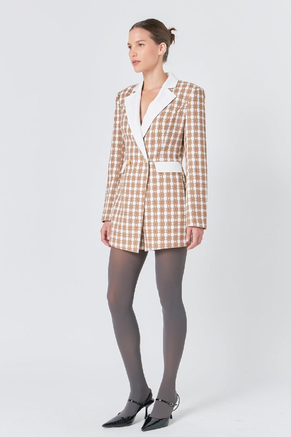 Endless Rose Premium Houndstooth Blazer Romper BEIGE/GOLD