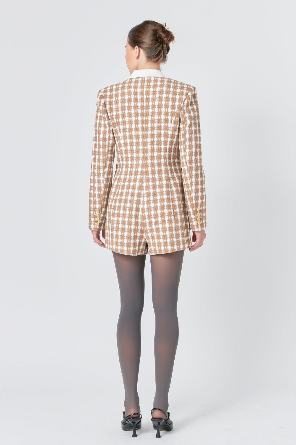Endless Rose Premium Houndstooth Blazer Romper BEIGE/GOLD