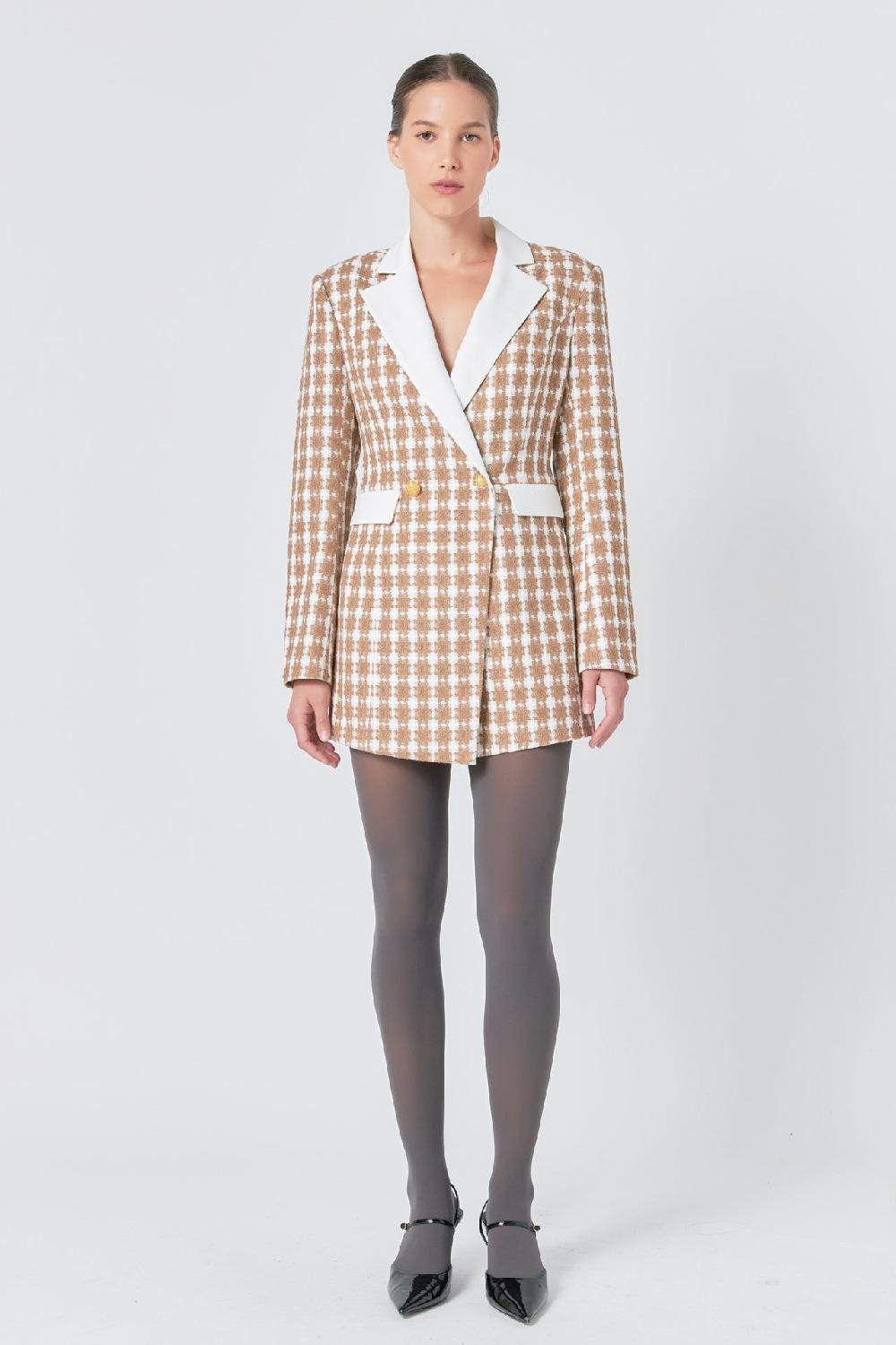 Endless Rose Premium Houndstooth Blazer Romper BEIGE/GOLD