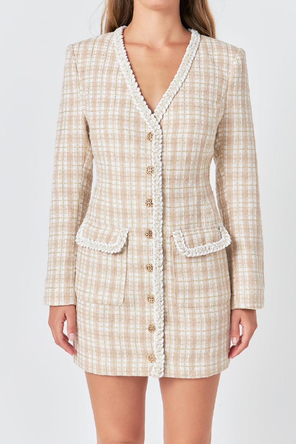 Endless Rose Premium Long Sleeve Tweed Mini Dress BEIGE MULTI