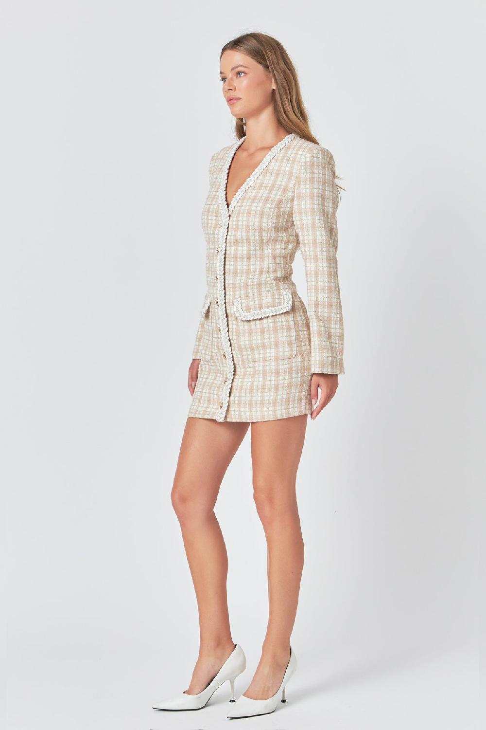 Endless Rose Premium Long Sleeve Tweed Mini Dress BEIGE MULTI