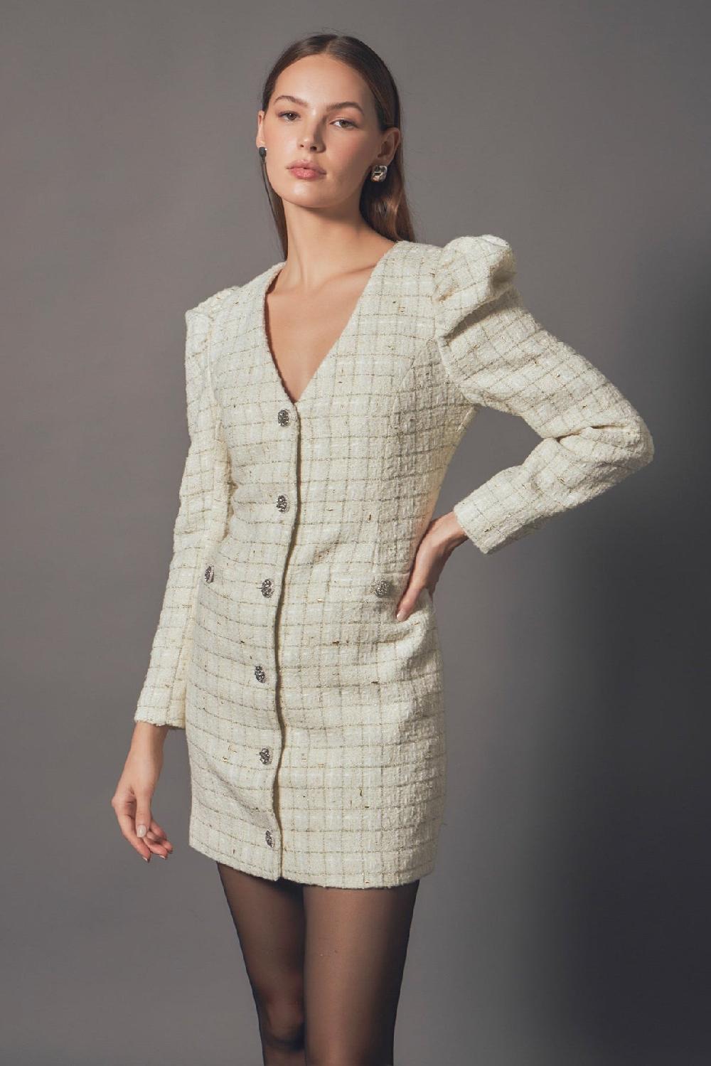 endless rose Premium Long-Sleeve Tweed Mini Dress IVORY
