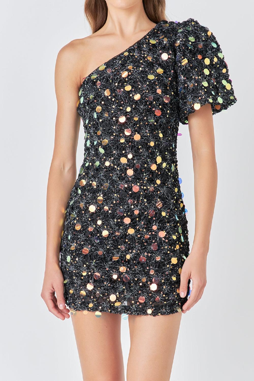 Endless Rose Premium One-Shoulder Sequin Mini Dress BLACK