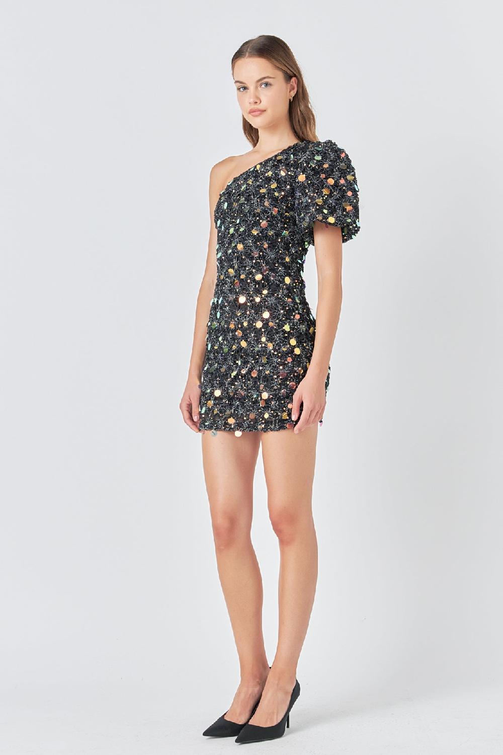 Endless Rose Premium One-Shoulder Sequin Mini Dress BLACK