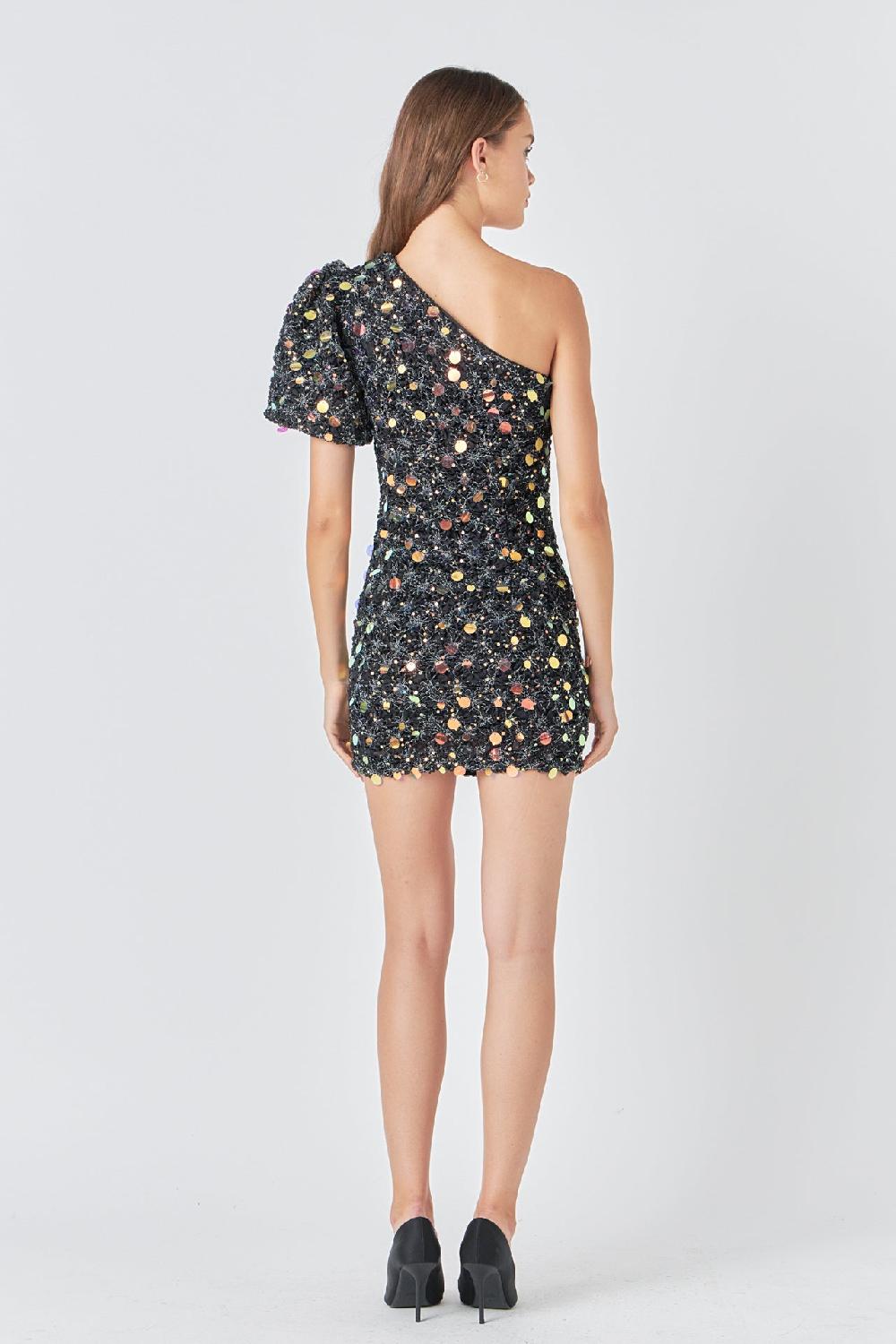 Endless Rose Premium One-Shoulder Sequin Mini Dress BLACK