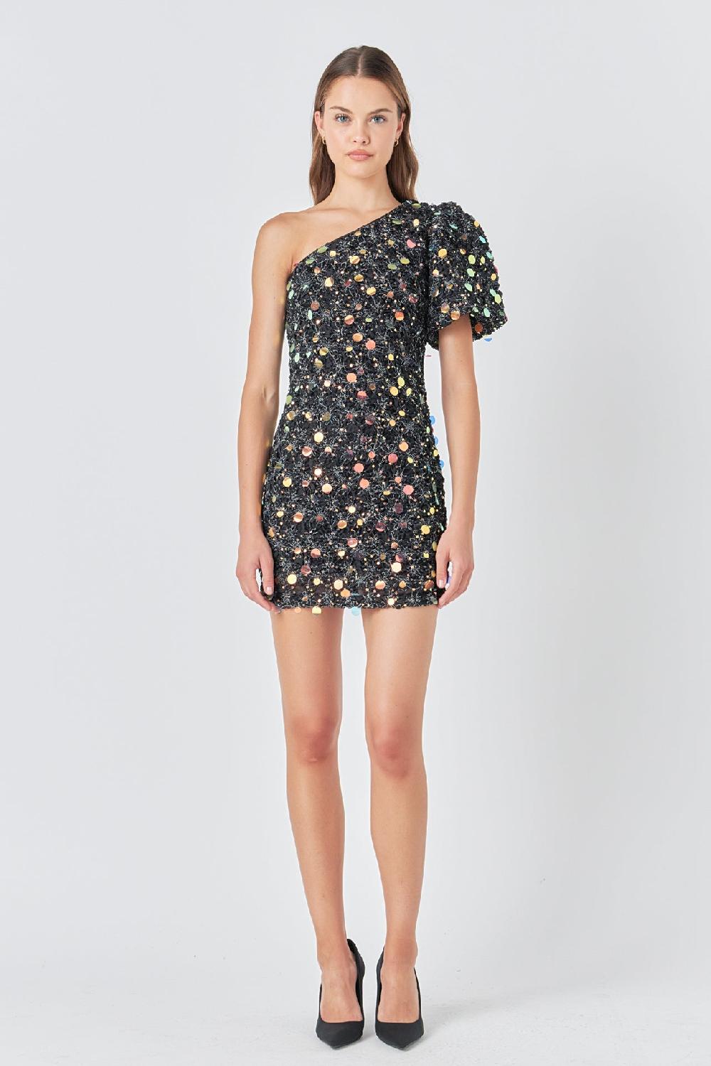 endless rose Premium One-Shoulder Sequin Mini Dress BLACK