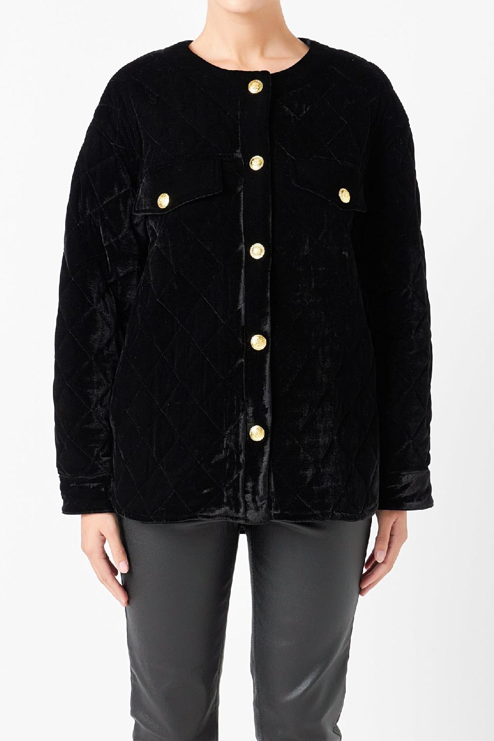 Endless Rose Premium Oversized Quilted Velvet Jacket BLACK